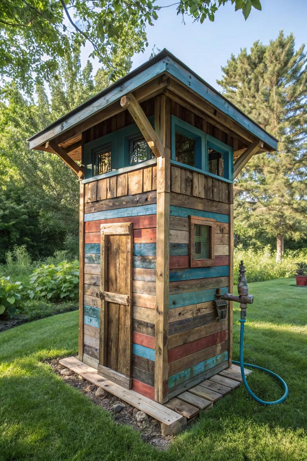Transforming sustainability into art: A well pump house built with upcycled materials, where craftsmanship meets eco-friendly design.