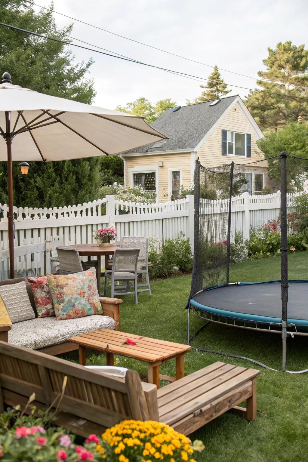 Seating areas offer comfort and a spot for supervision by the trampoline.
