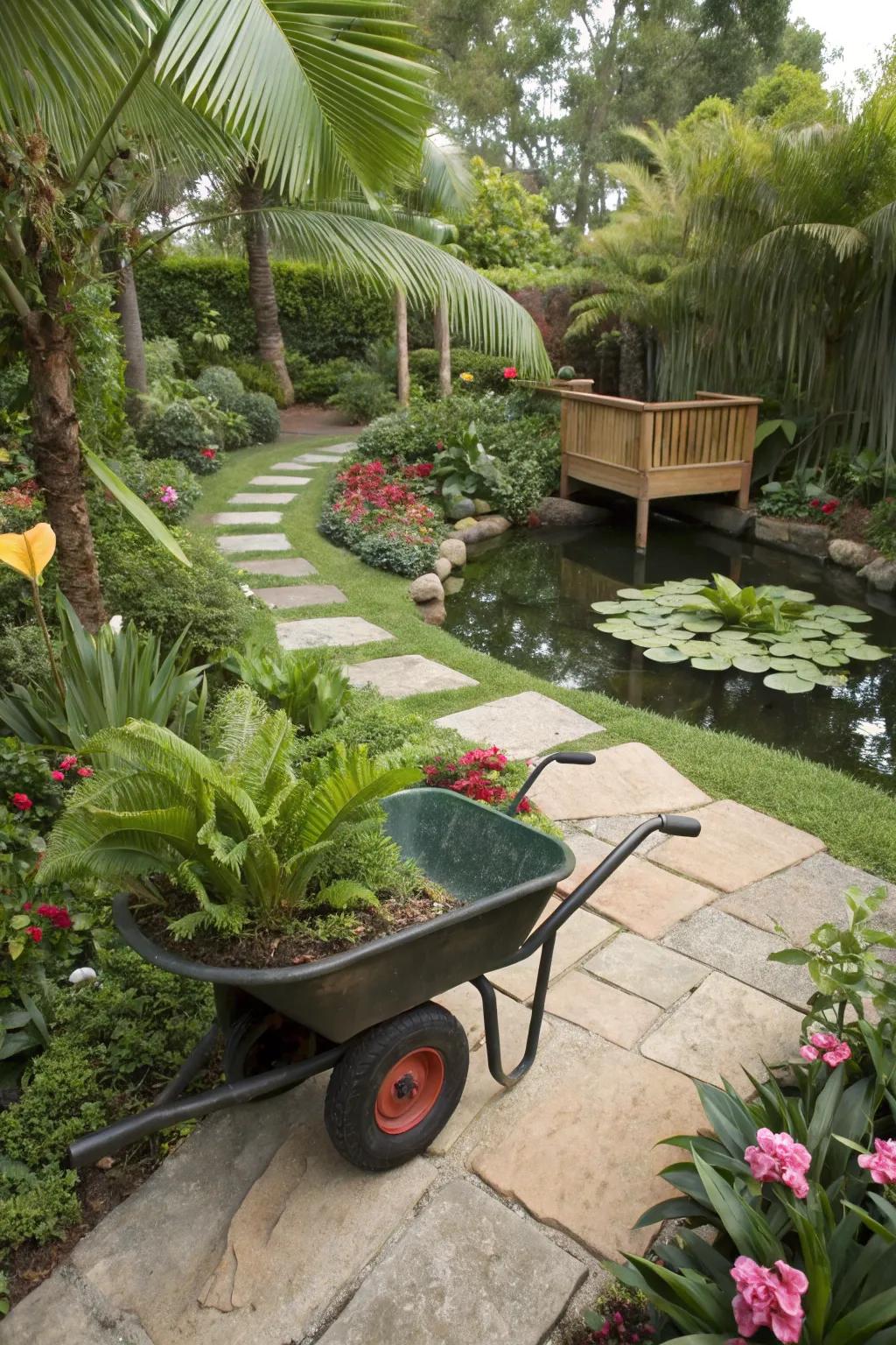 Create a tropical getaway with a lush wheelbarrow display.
