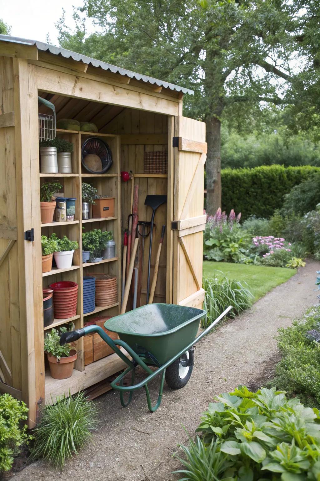 A multi-tier rack maximizes storage in small shed spaces.