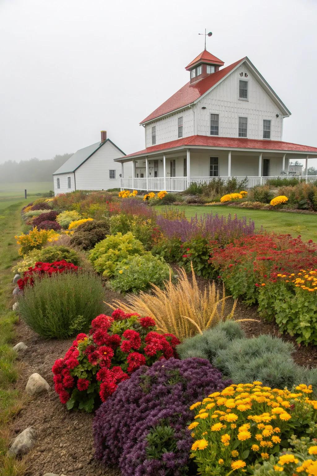 Seasonal plantings providing year-round beauty in the farmhouse garden.