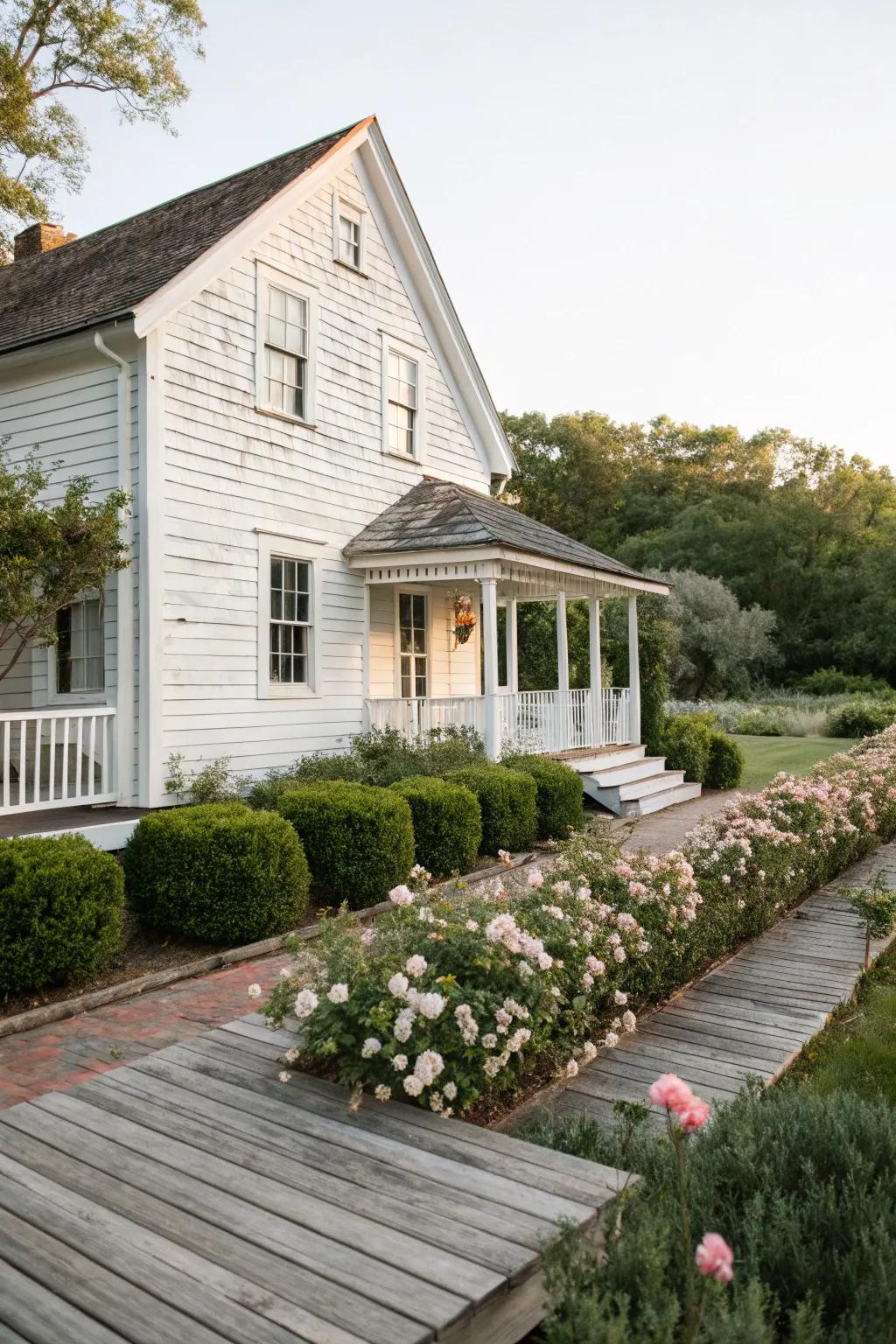 A white home with whitewashed wooden planks, adding rustic texture and character.