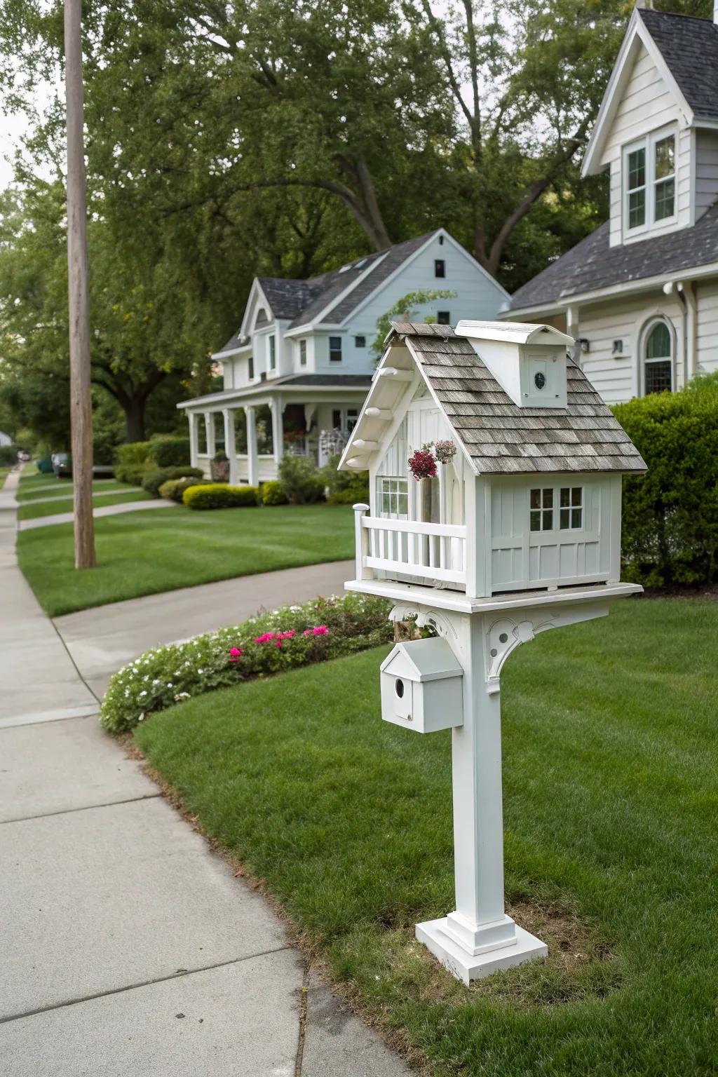 A house-shaped white mailbox mirrors home architecture for a charming effect.