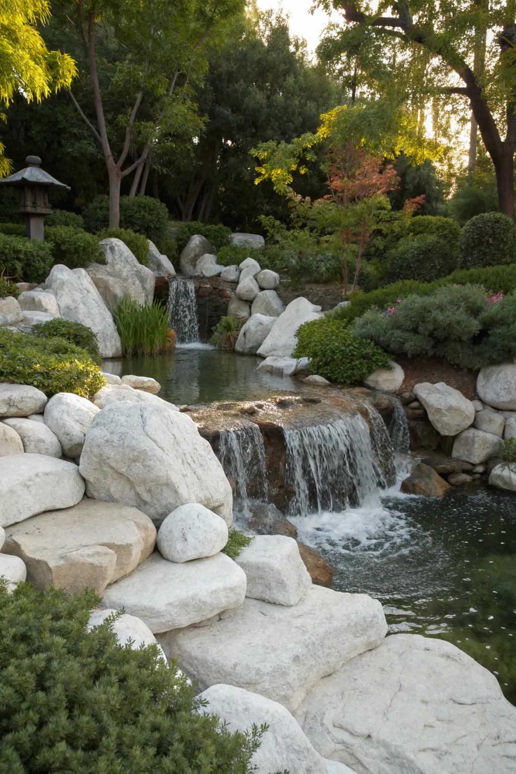 Add drama to waterfalls with marble rock accents.