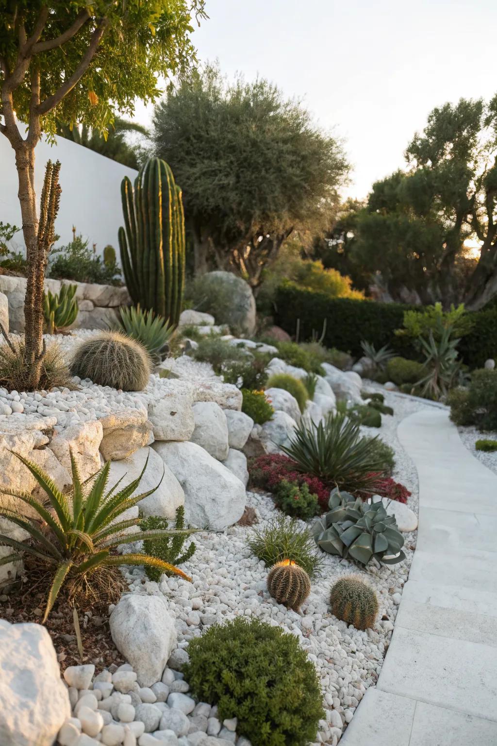White rocks creating a Mediterranean retreat in a garden.