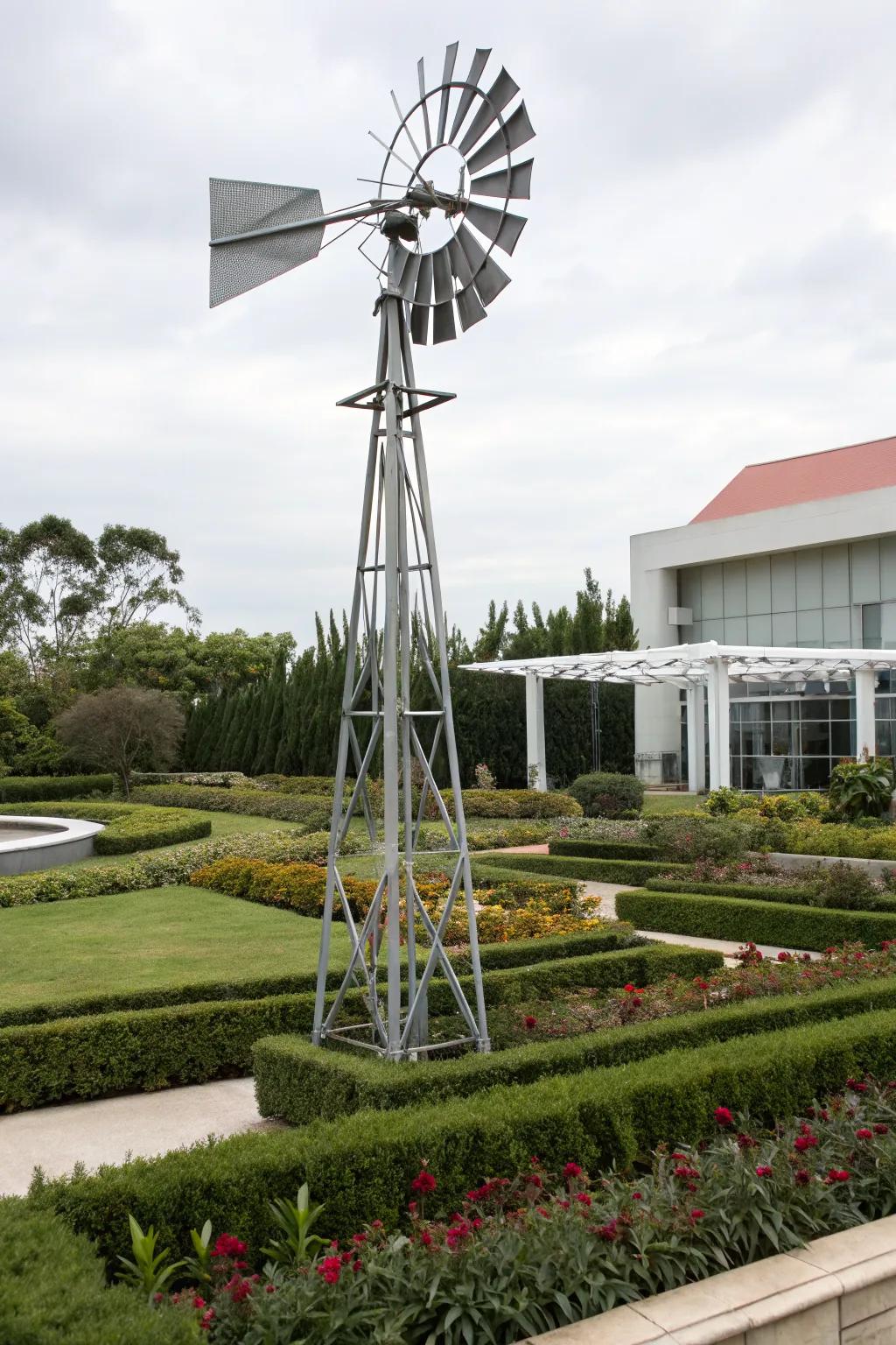 Sleek metal windmill enhancing modern aesthetics.