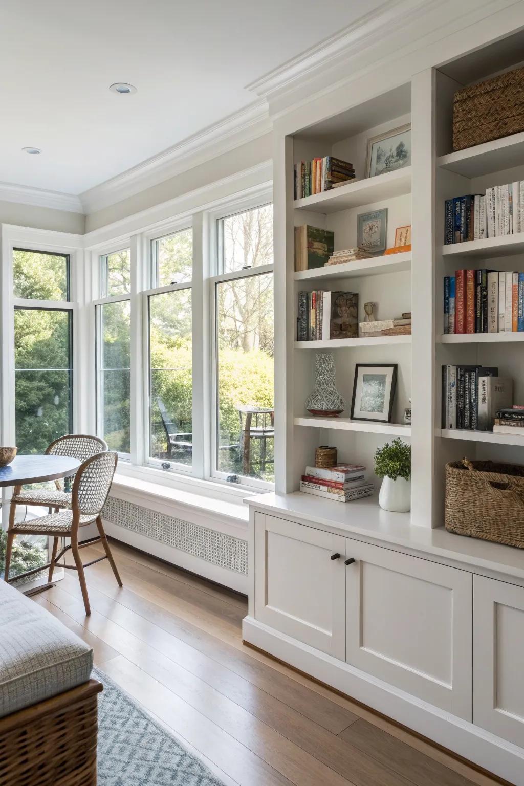 Integrated shelving in trims adds style and function.