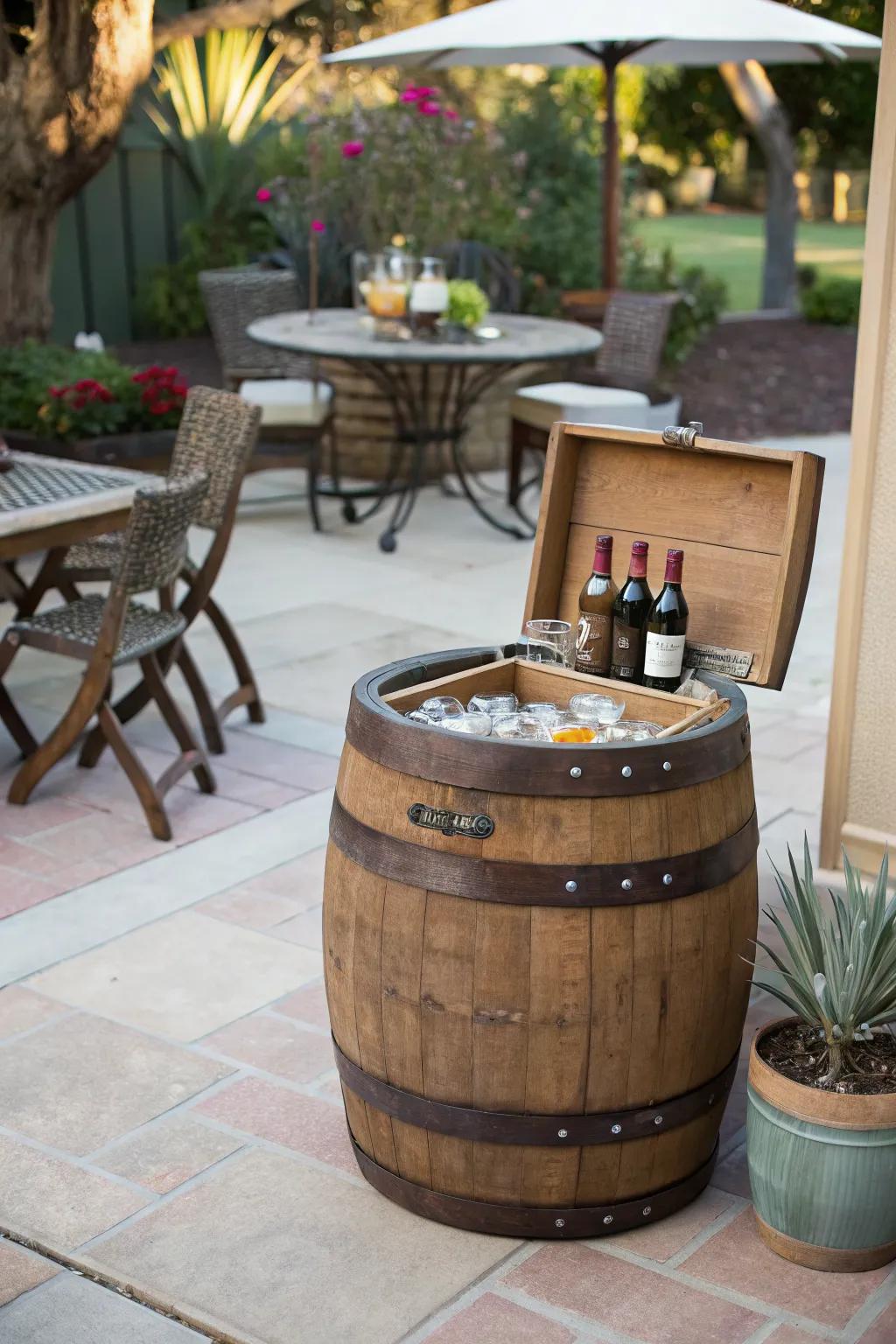 Keep your drinks cool with a wine barrel beverage station.