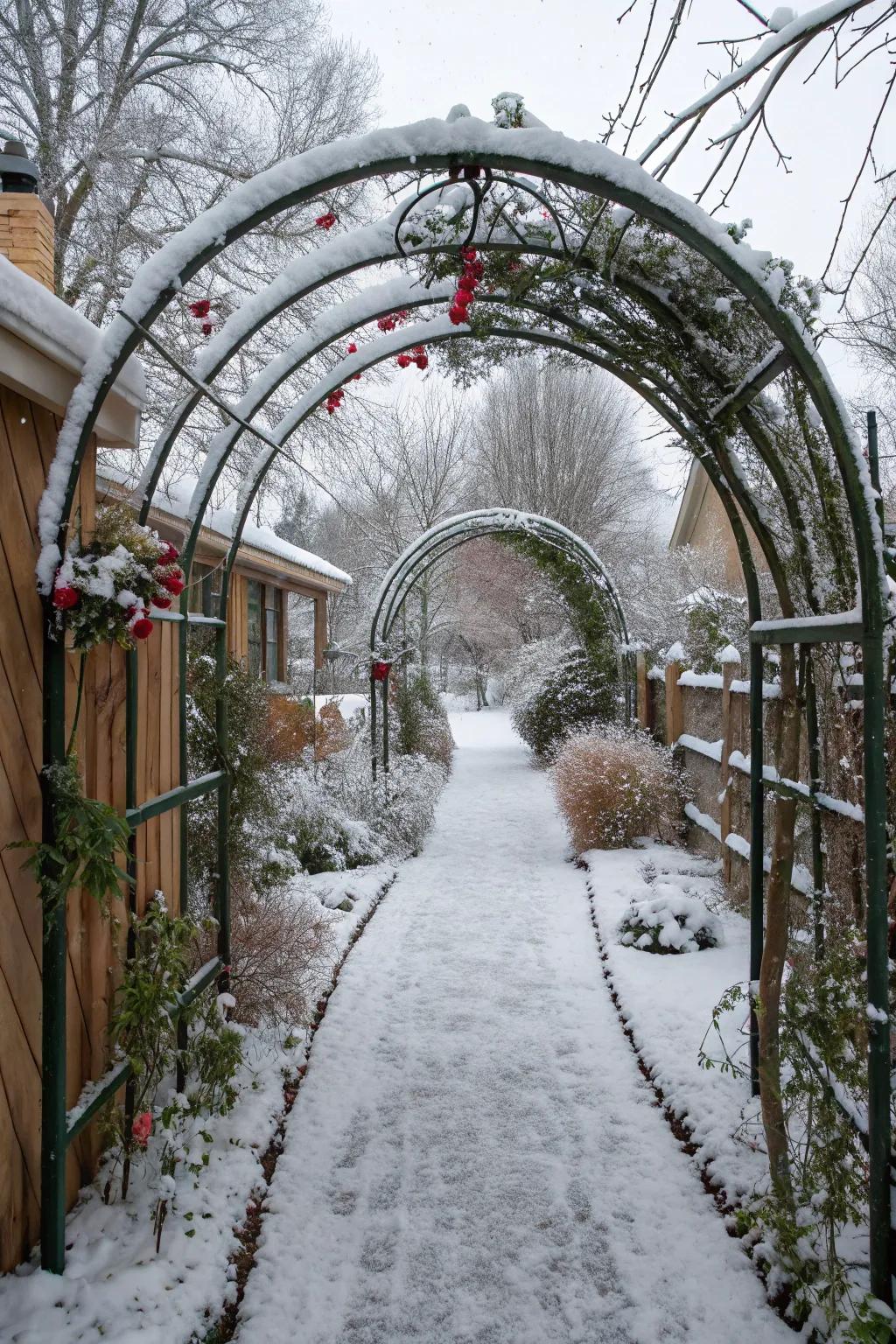 Garden arches add elegance and intrigue to winter pathways.