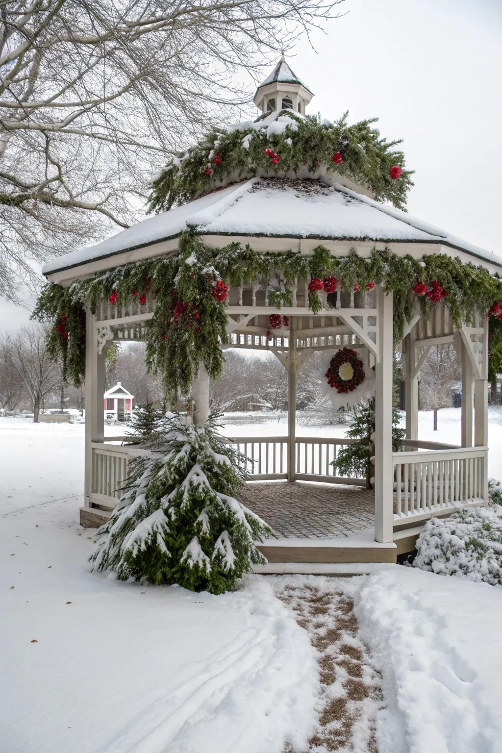 Hanging greenery brings vibrant life to your winter gazebo.