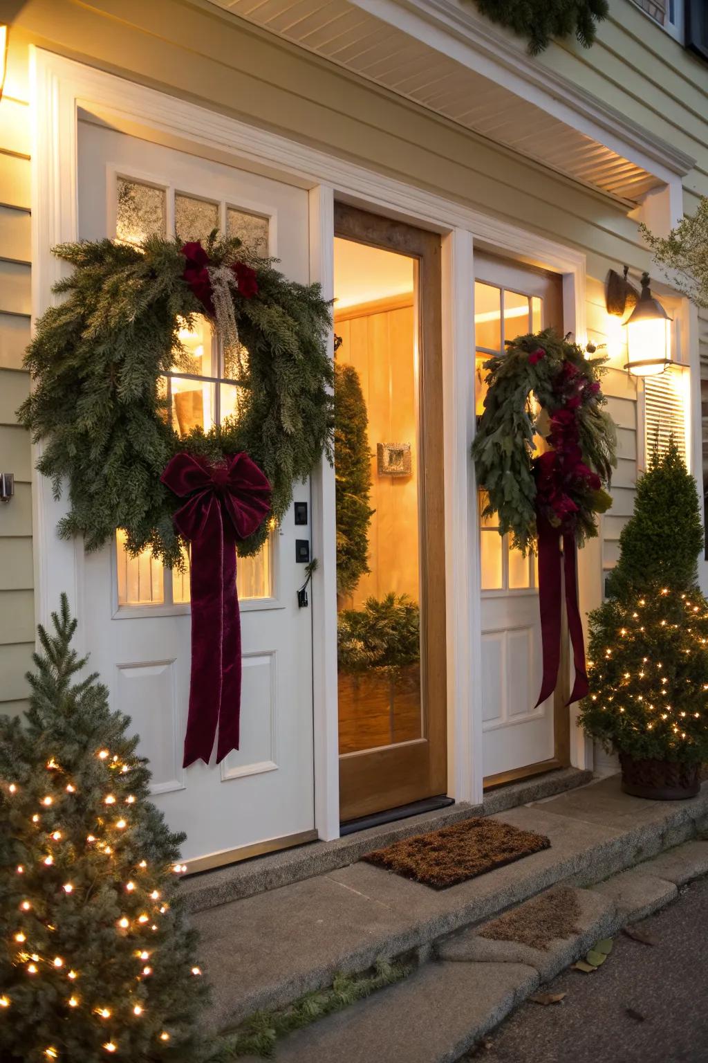 Elegance meets winter with evergreen wreaths.