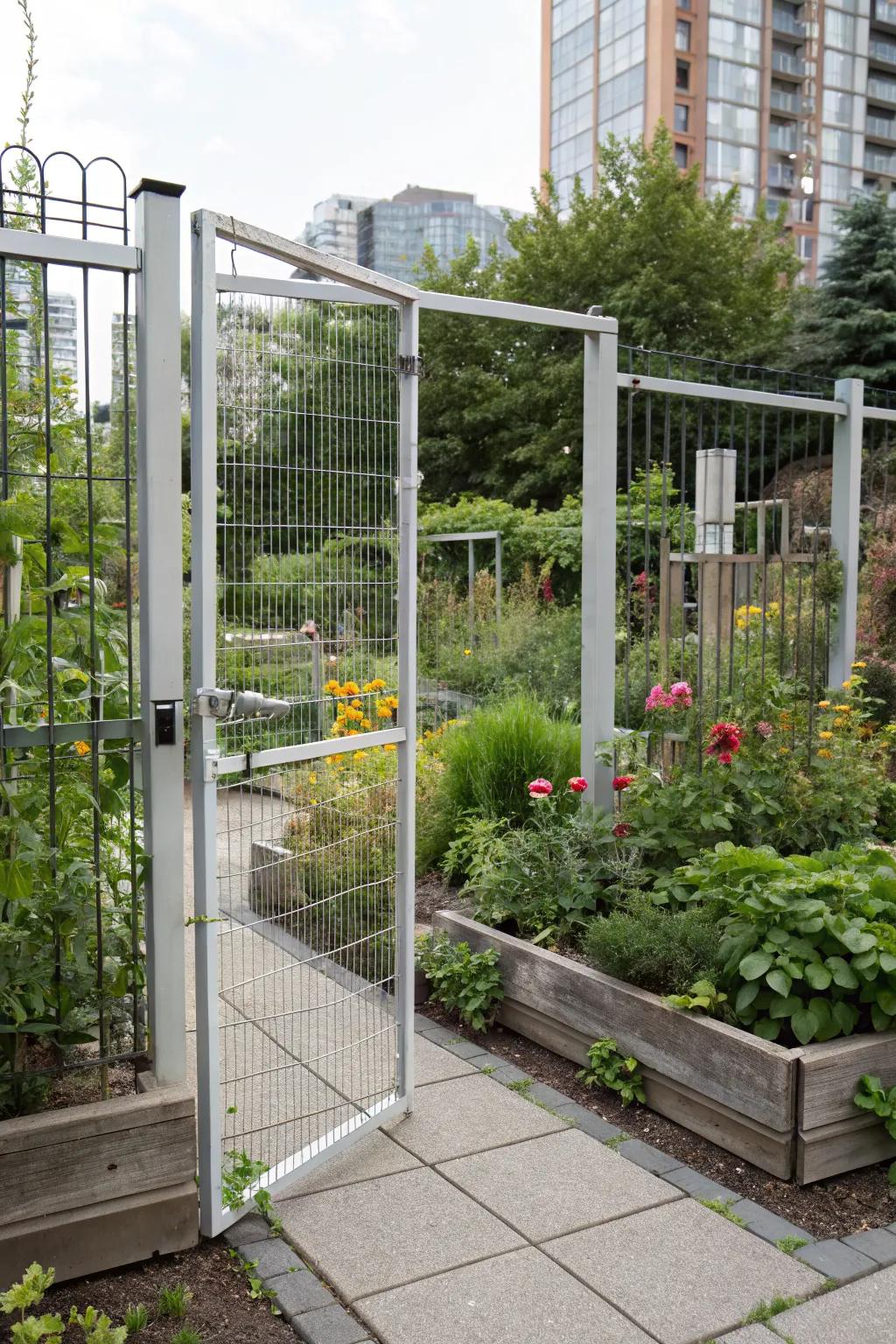 Raw metal and minimalism blend for an industrial chic garden gate.