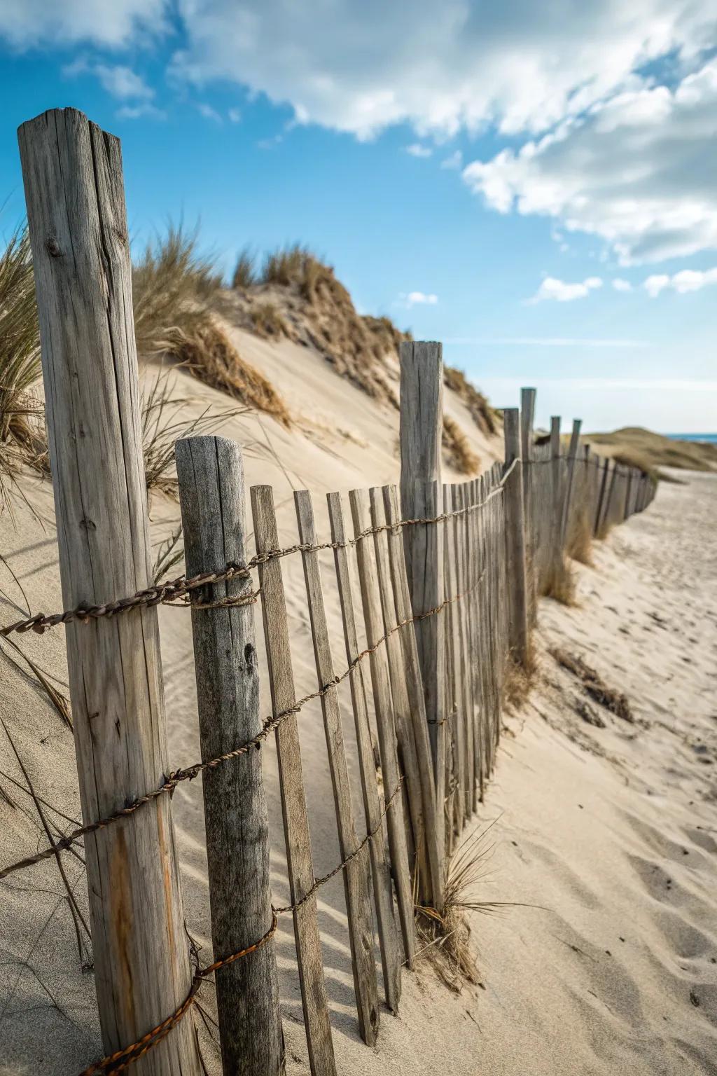 Beachy boardwalk vibes with weathered wood and wire mesh.