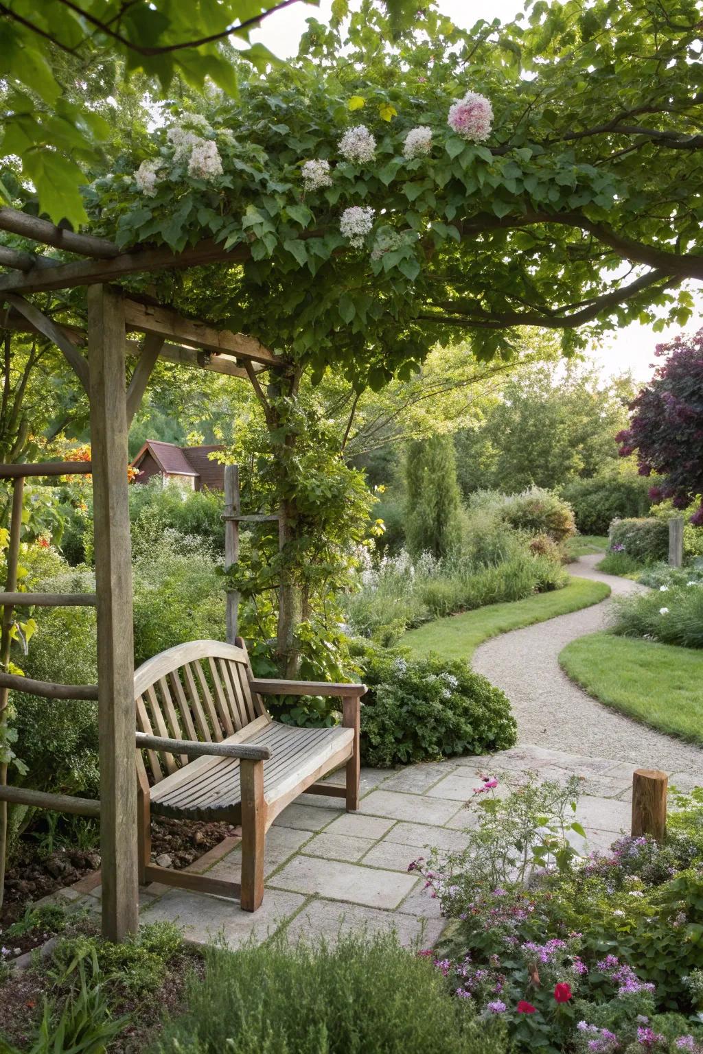 Seating areas offer a serene retreat for relaxation in the garden.