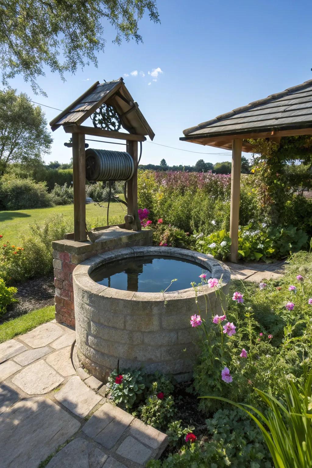 A wishing well with a rainwater collection system, promoting sustainable gardening.