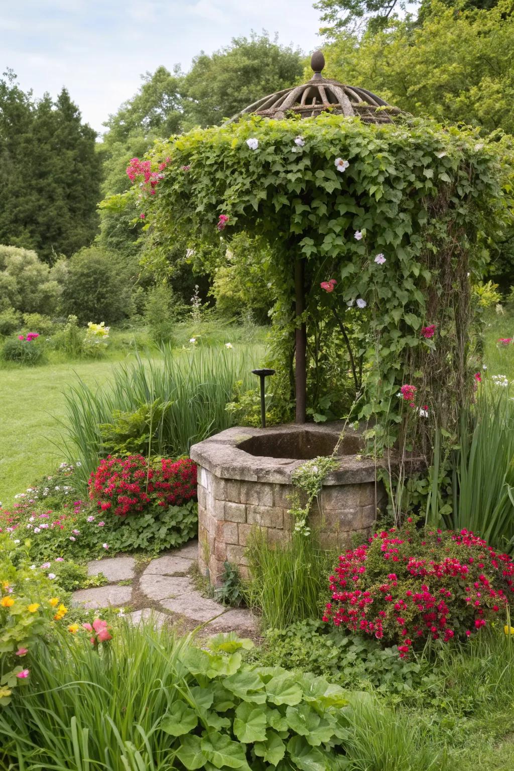 Climbing plants integrate wishing wells seamlessly into gardens.