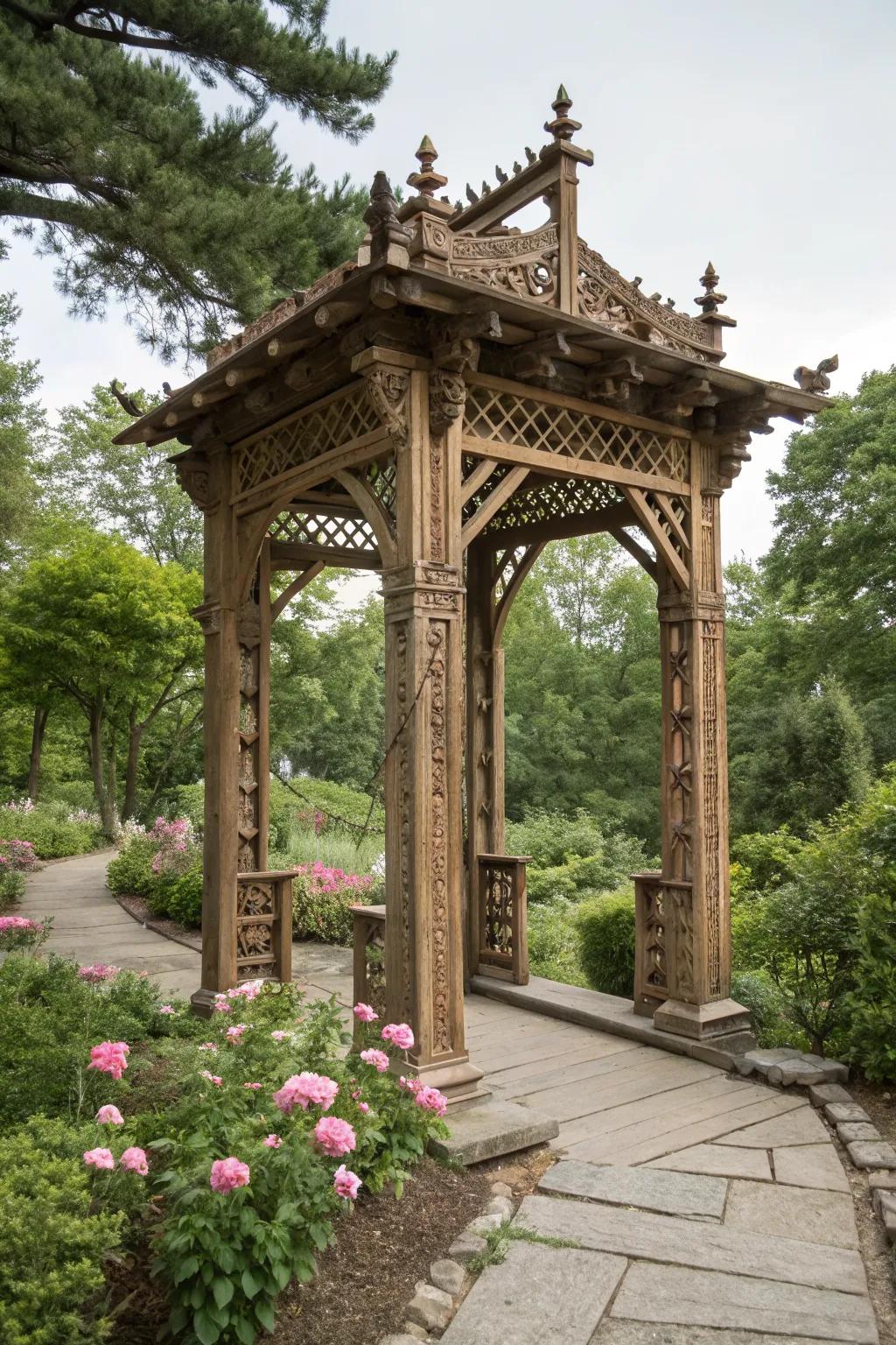 Artistic wooden arbor with intricate carvings, a true garden centerpiece.