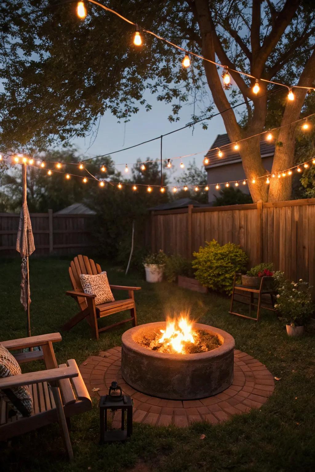 String lights add a whimsical touch to a backyard fire pit.