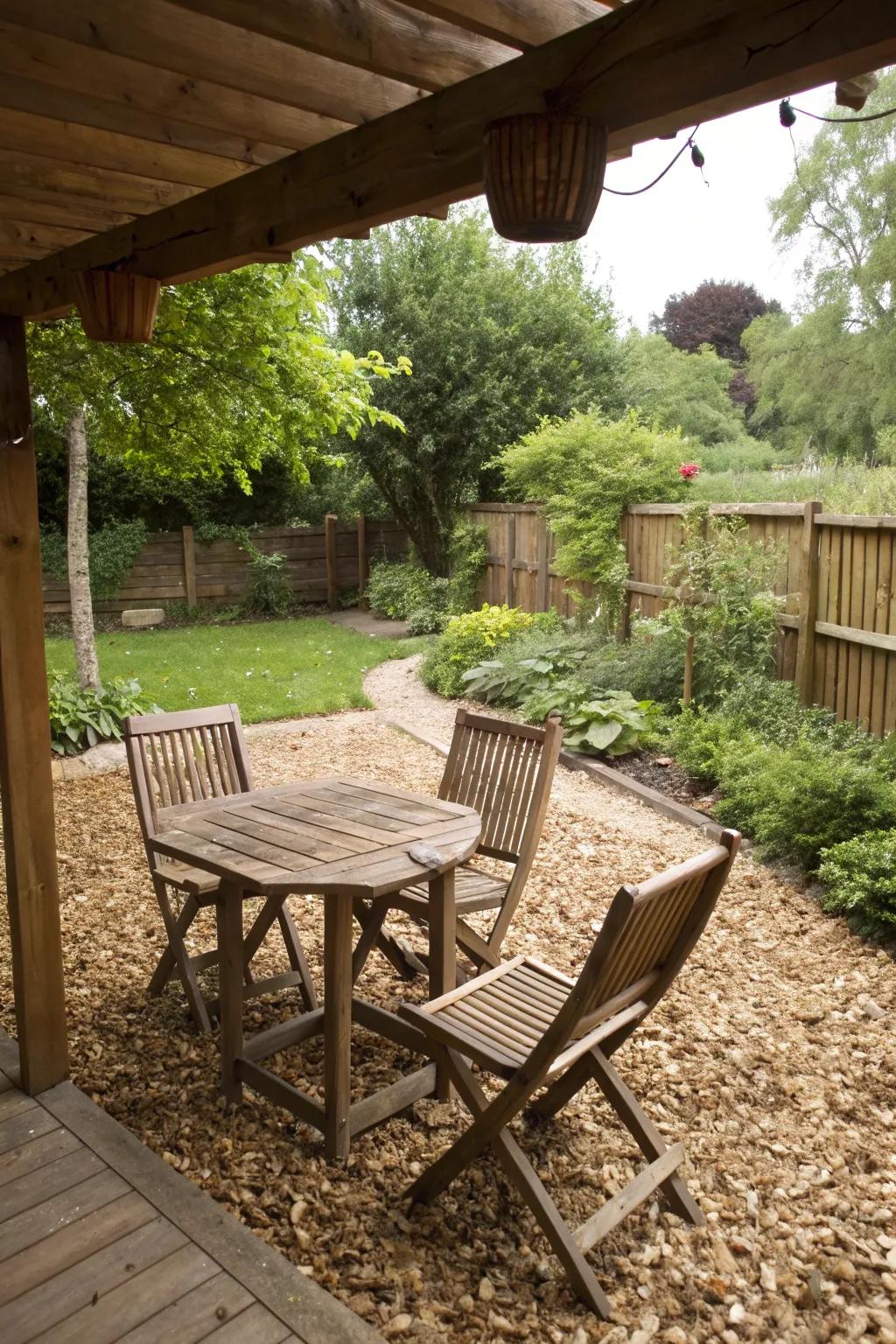A charming rustic patio with wood chip flooring.