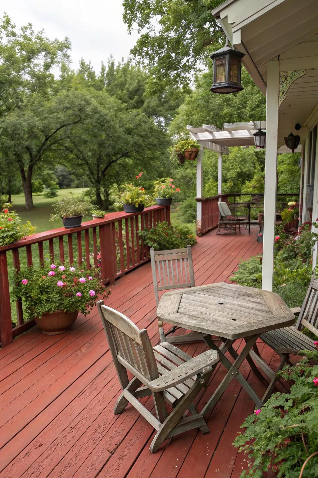 A rustic brick red deck that complements historic charm.