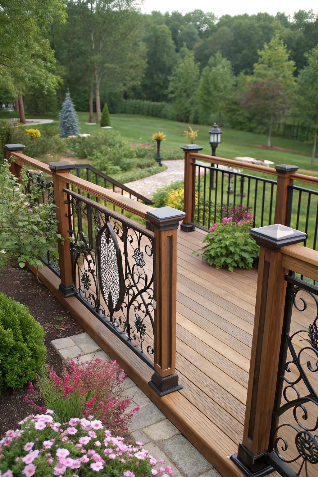 Decorative metal inserts add an artistic touch to wooden railings.
