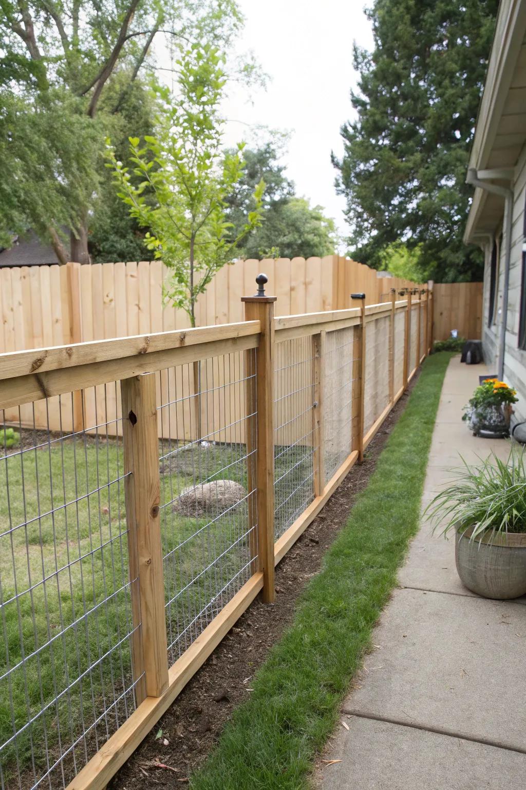 Low-maintenance wood and wire mesh fence ensuring long-lasting appeal.