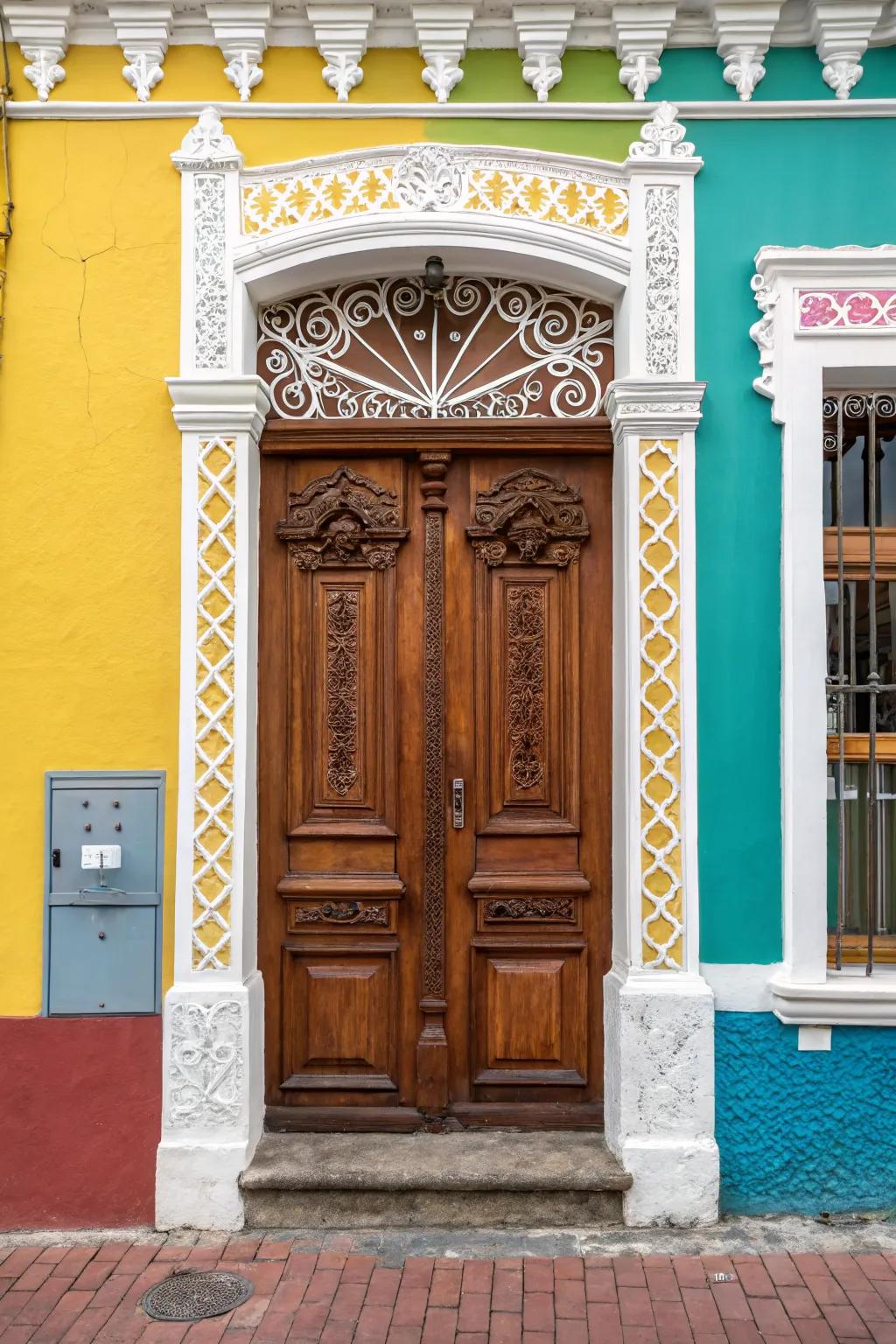 Contrasting trims make a wooden door stand out beautifully.