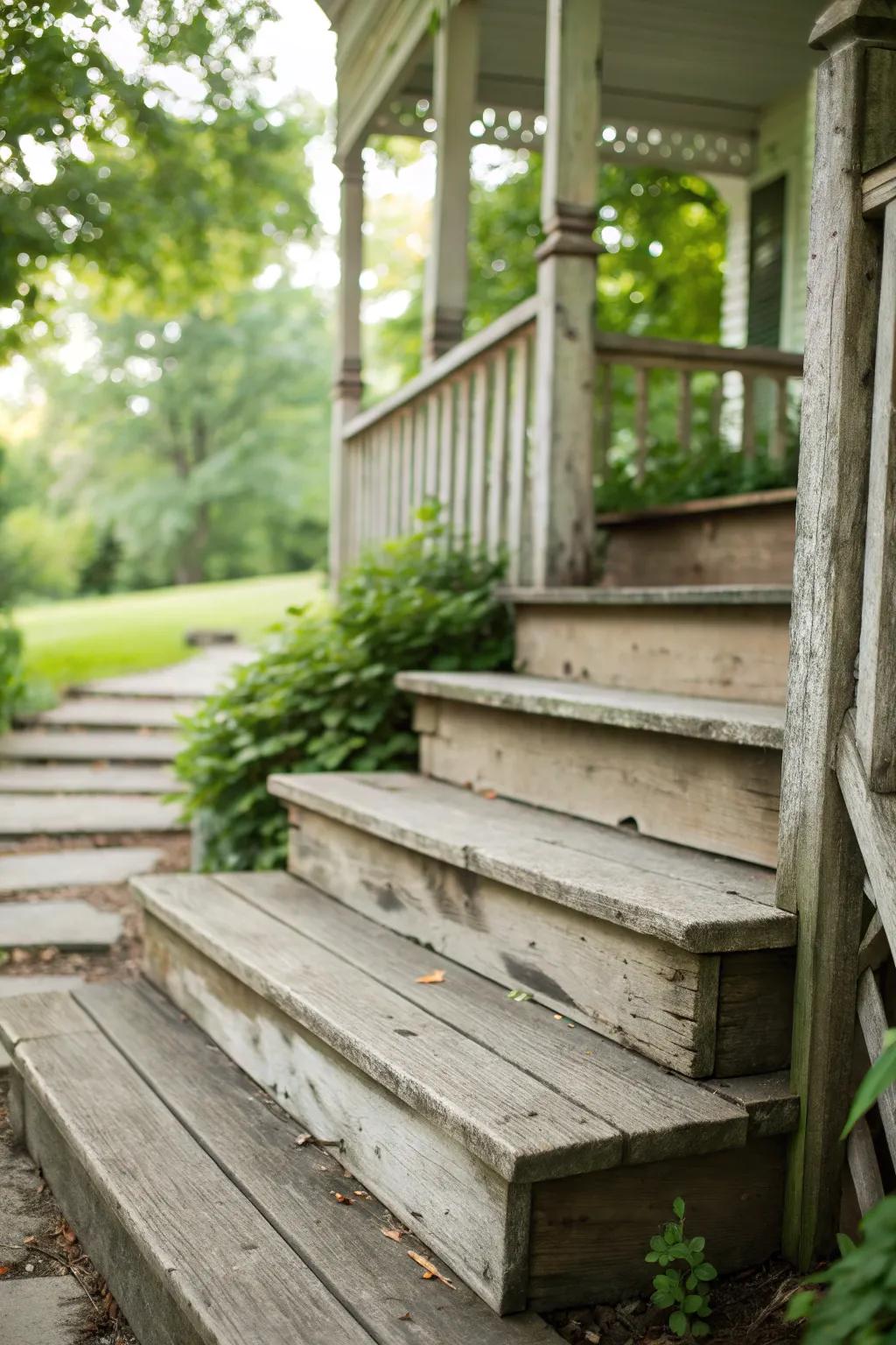 Weathered wood steps bring vintage charm to your home.