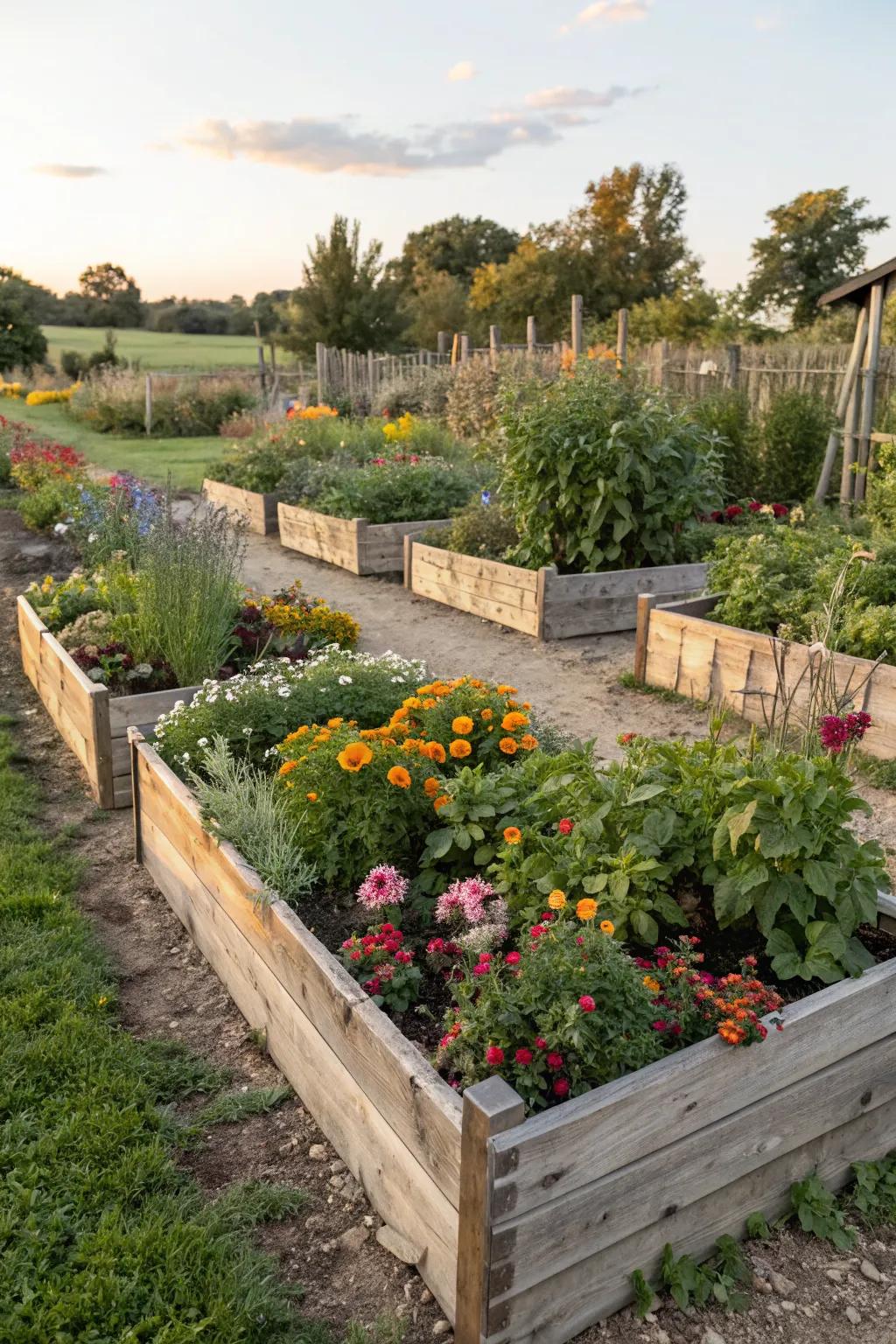 Wooden crates offer a rustic touch and multifunctional use in garden edging.