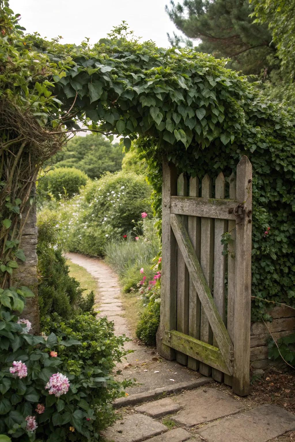 A hidden wooden gate within a hedge, creating a sense of mystery and wonder.