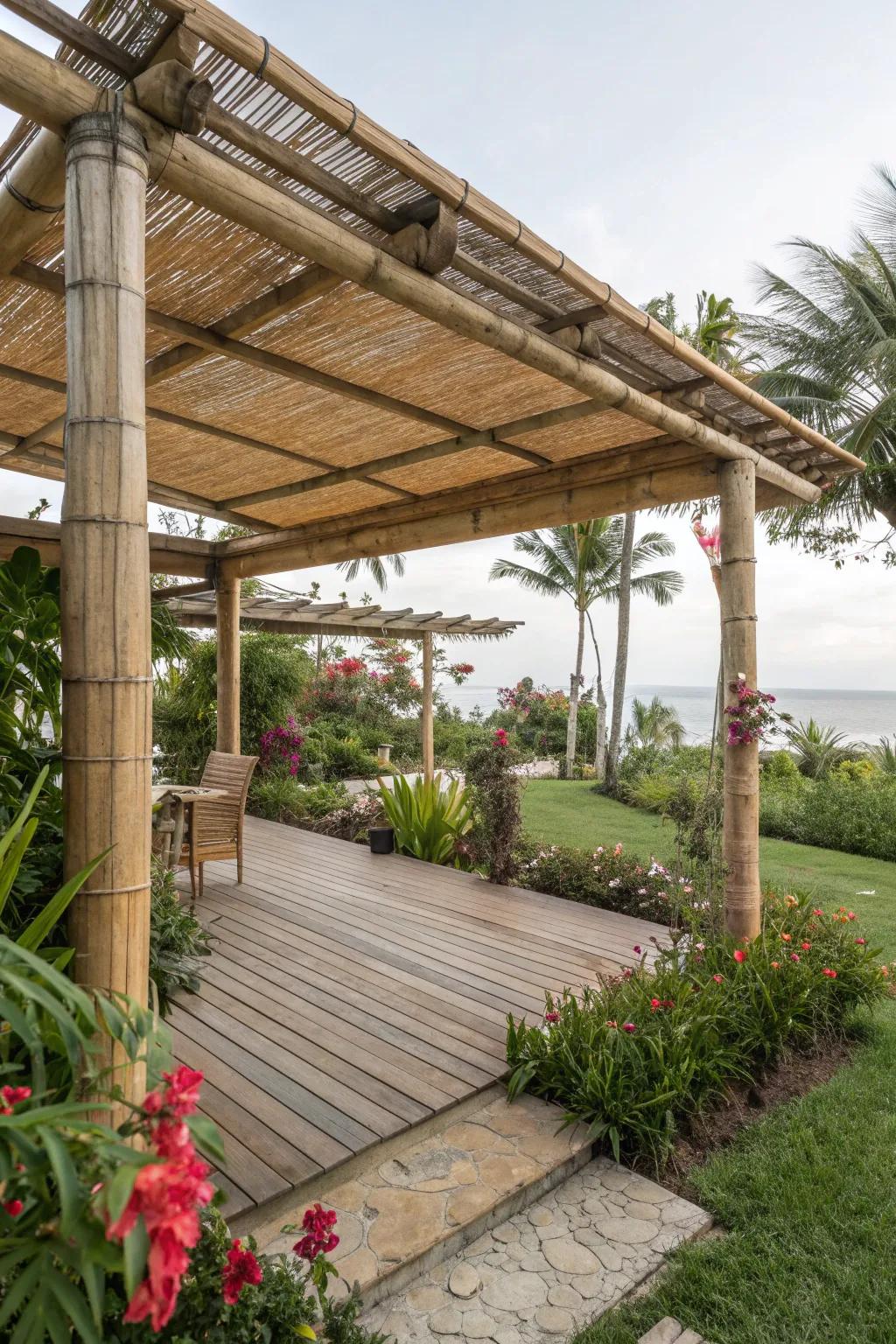 Bring tropical retreat vibes to your patio with bamboo and greenery.