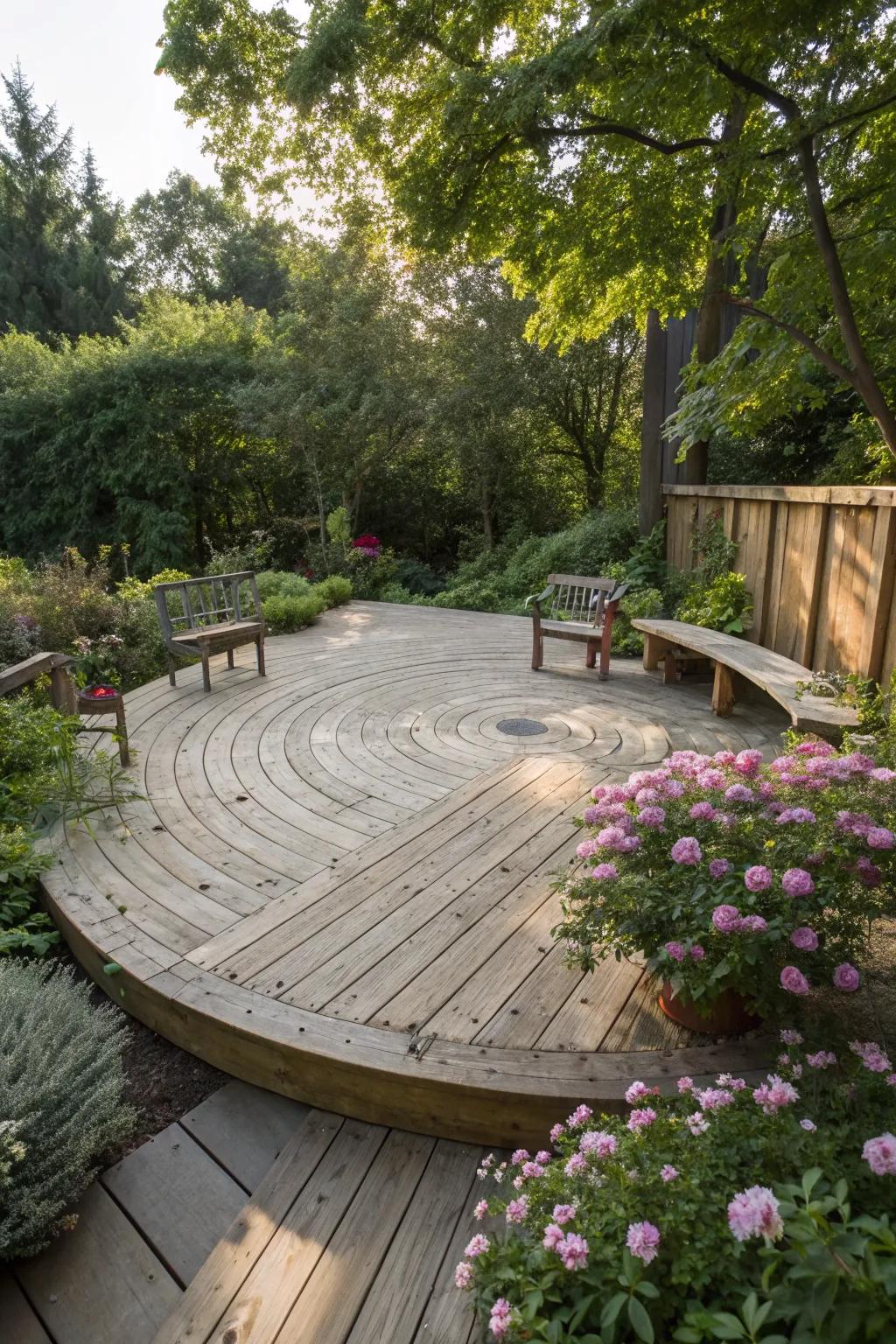 A wooden patio deck with a distinctive circular design.