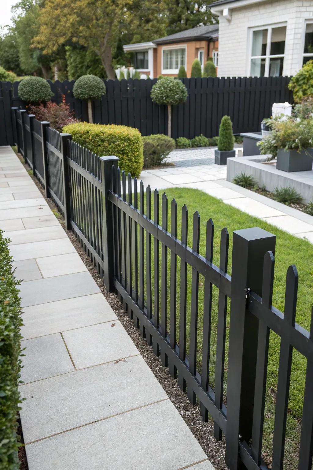 A black picket fence provides a modern contrast to vibrant greenery.
