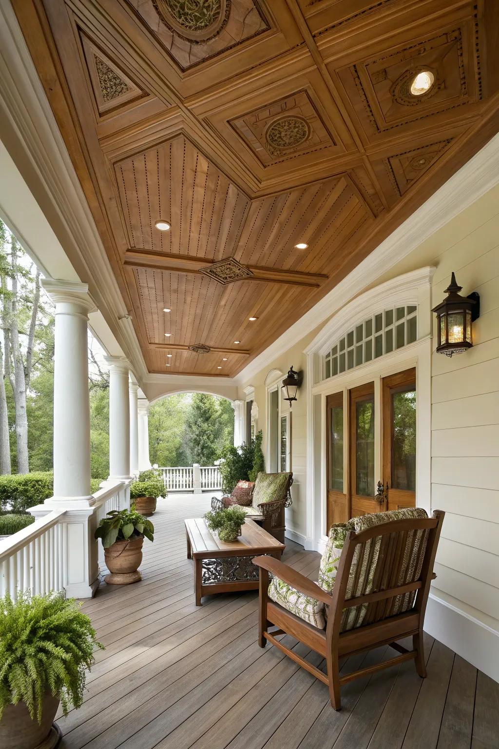 Tongue and groove ceiling offers classic elegance.