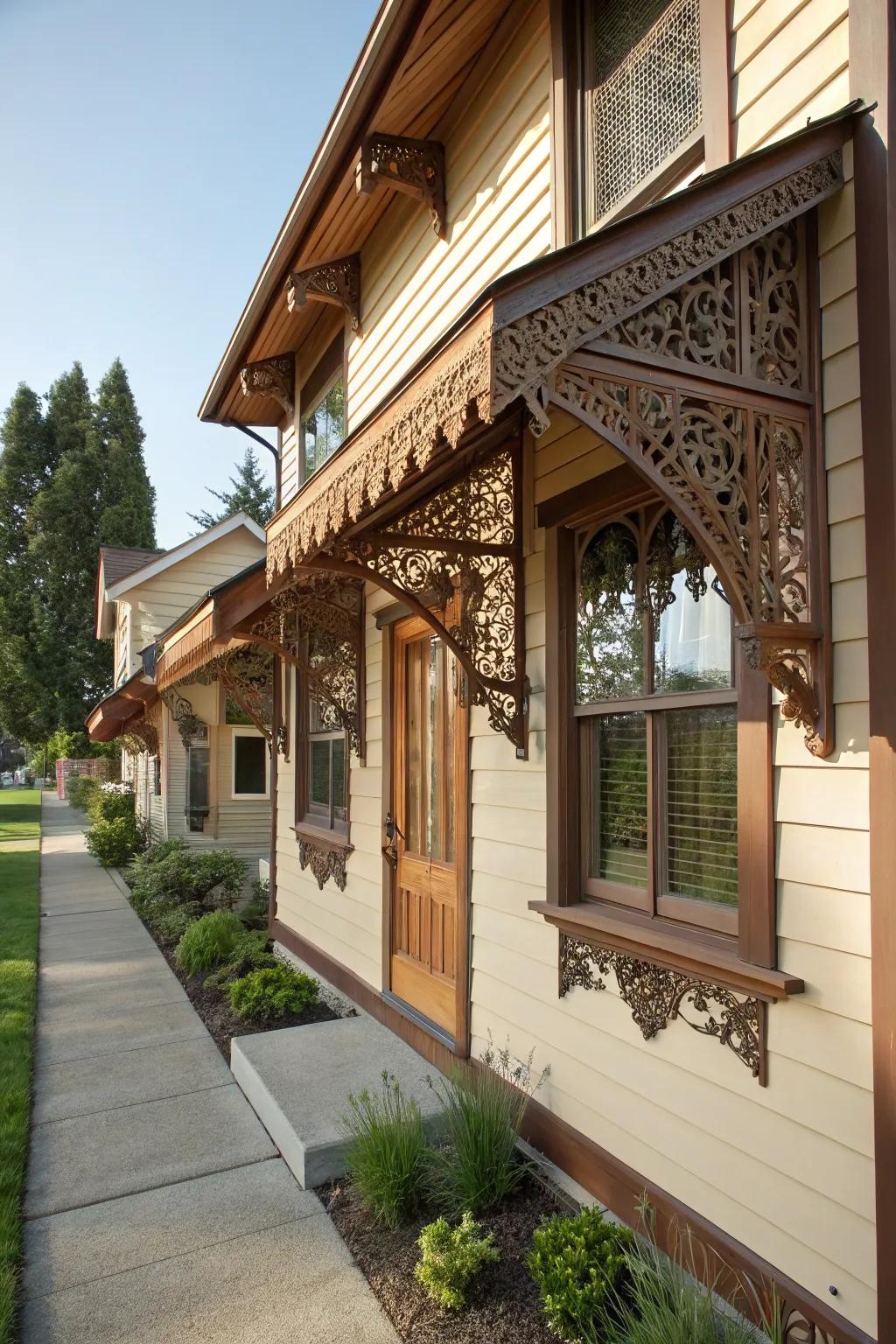 Carved wood awnings provide an artistic touch with intricate patterns.