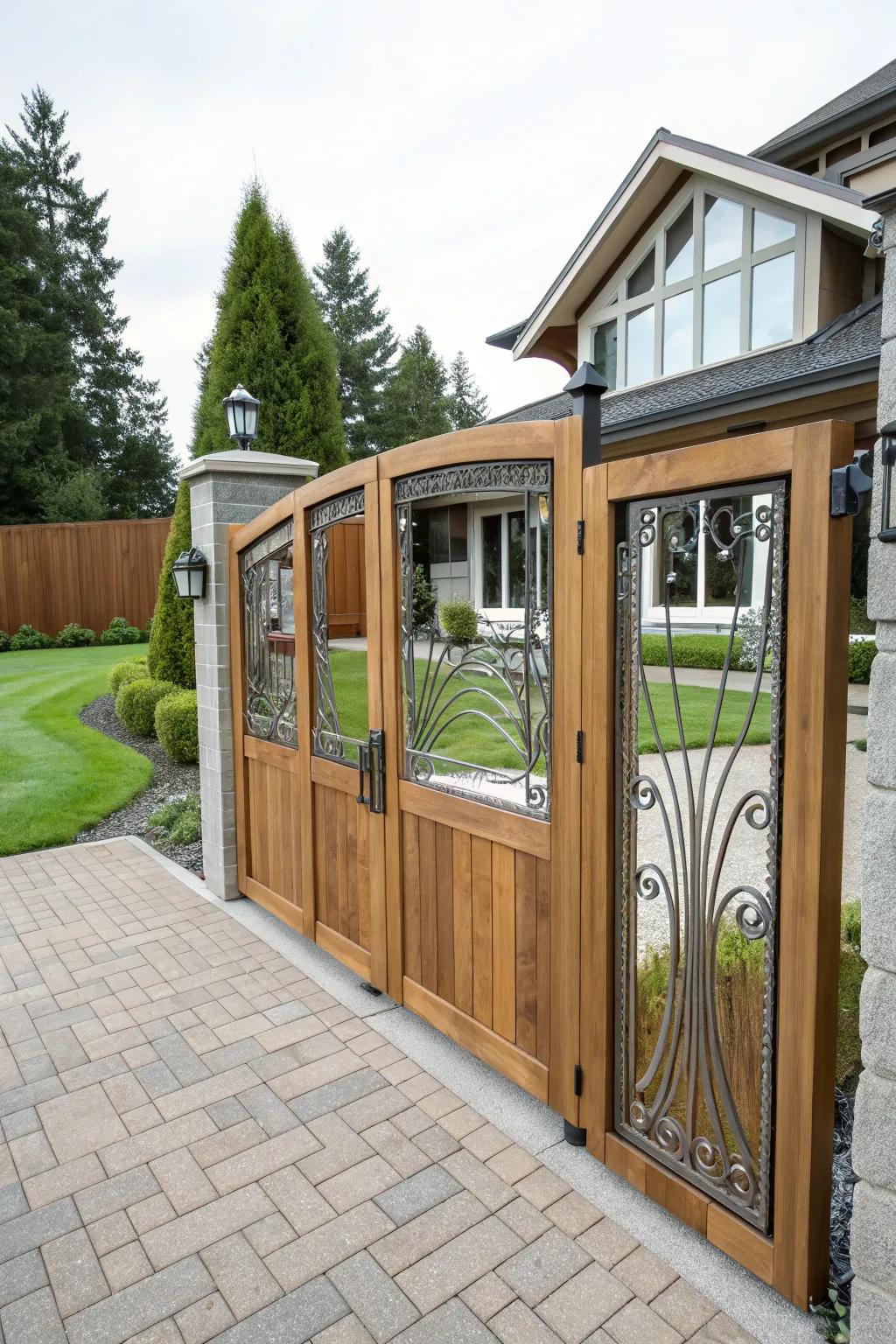 A gate that creatively mixes wood, metal, and glass.