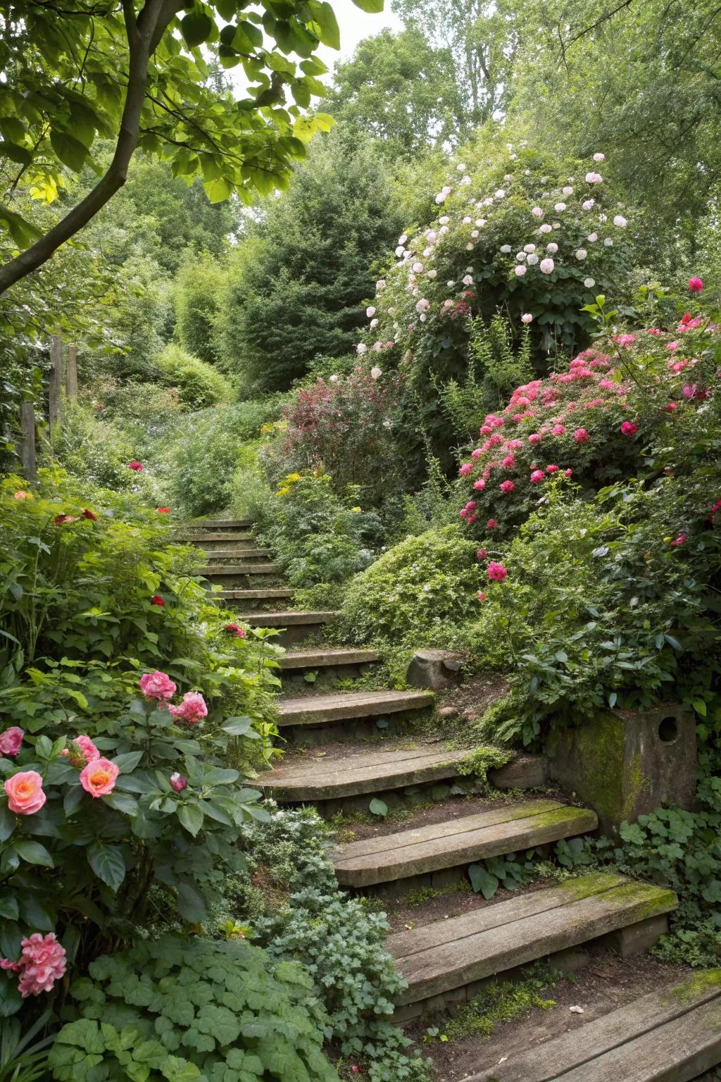 Hidden steps creating a mysterious garden journey.