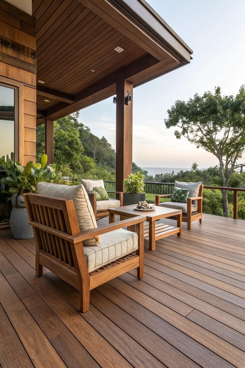 Mixing wood tones adds depth to patio designs.