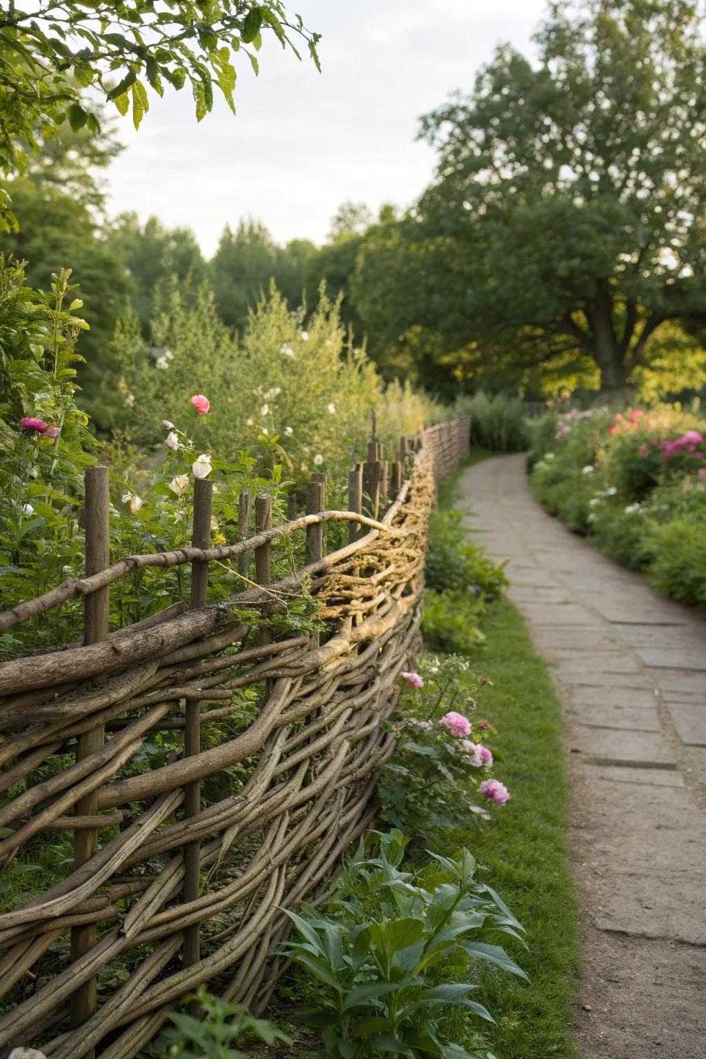 Natural fencing made from woven branches maintains an organic aesthetic.