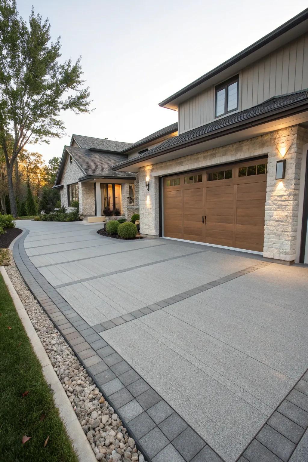 Seamless transition from driveway to garage with matching materials.