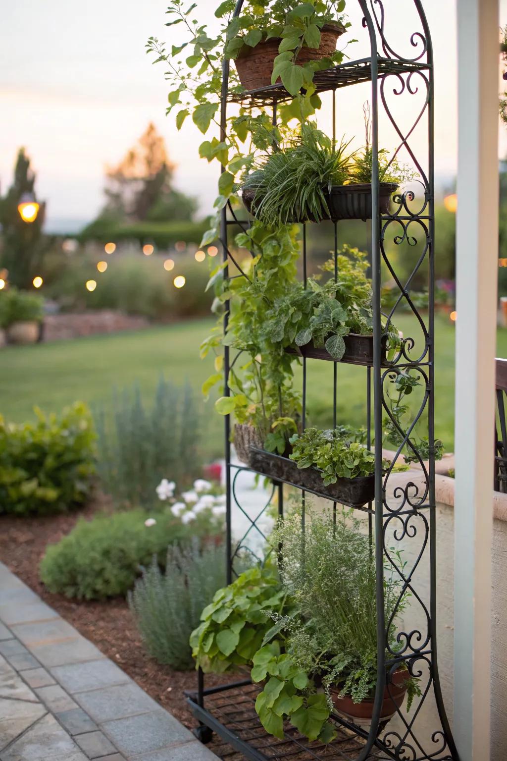 A trellis herb garden offers fresh flavors within arm's reach.