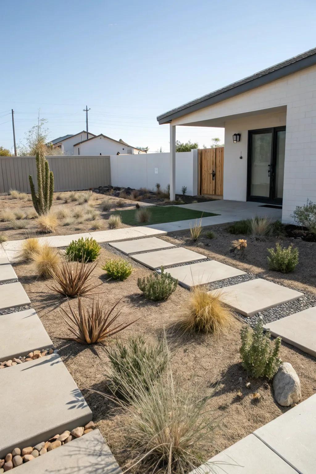 A minimalist xeriscape front yard design.