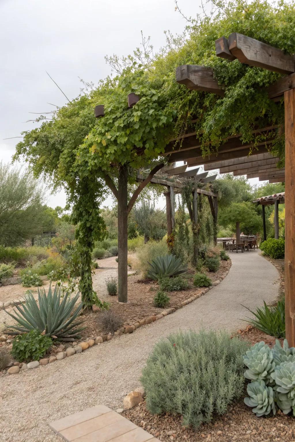 A shaded area in a xeriscape garden with climbing plants.