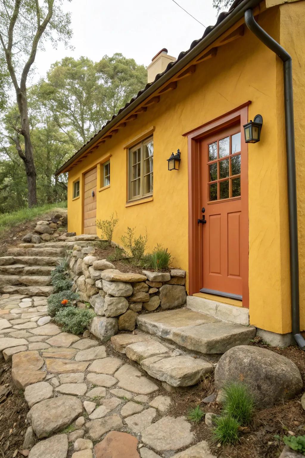 Terracotta doors bring earthy warmth to yellow exteriors.