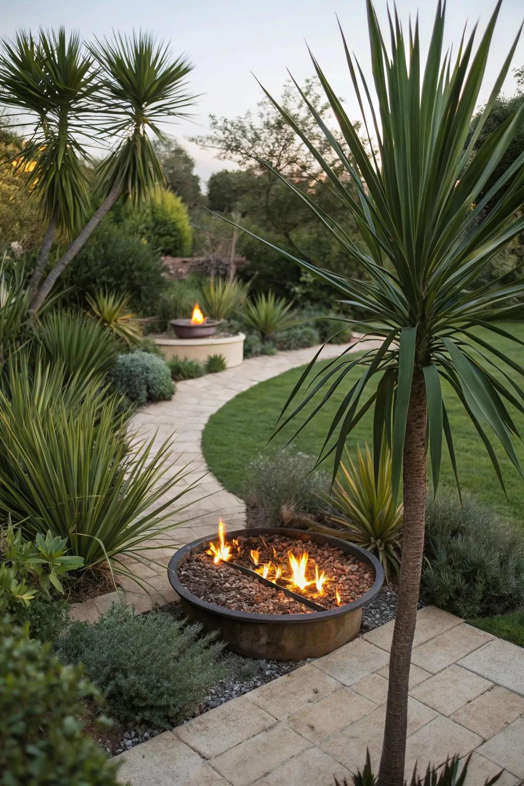 Yucca plants enhancing a garden fire pit area.