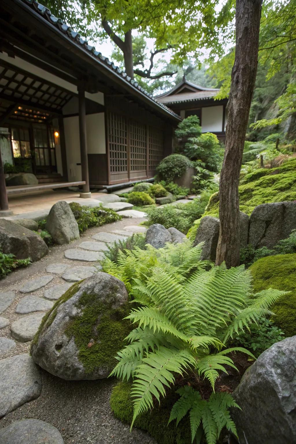Ferns add a lush, textured contrast.