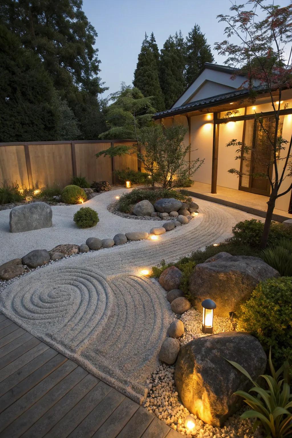 Soft garden lighting creates magical shadows in a zen garden.