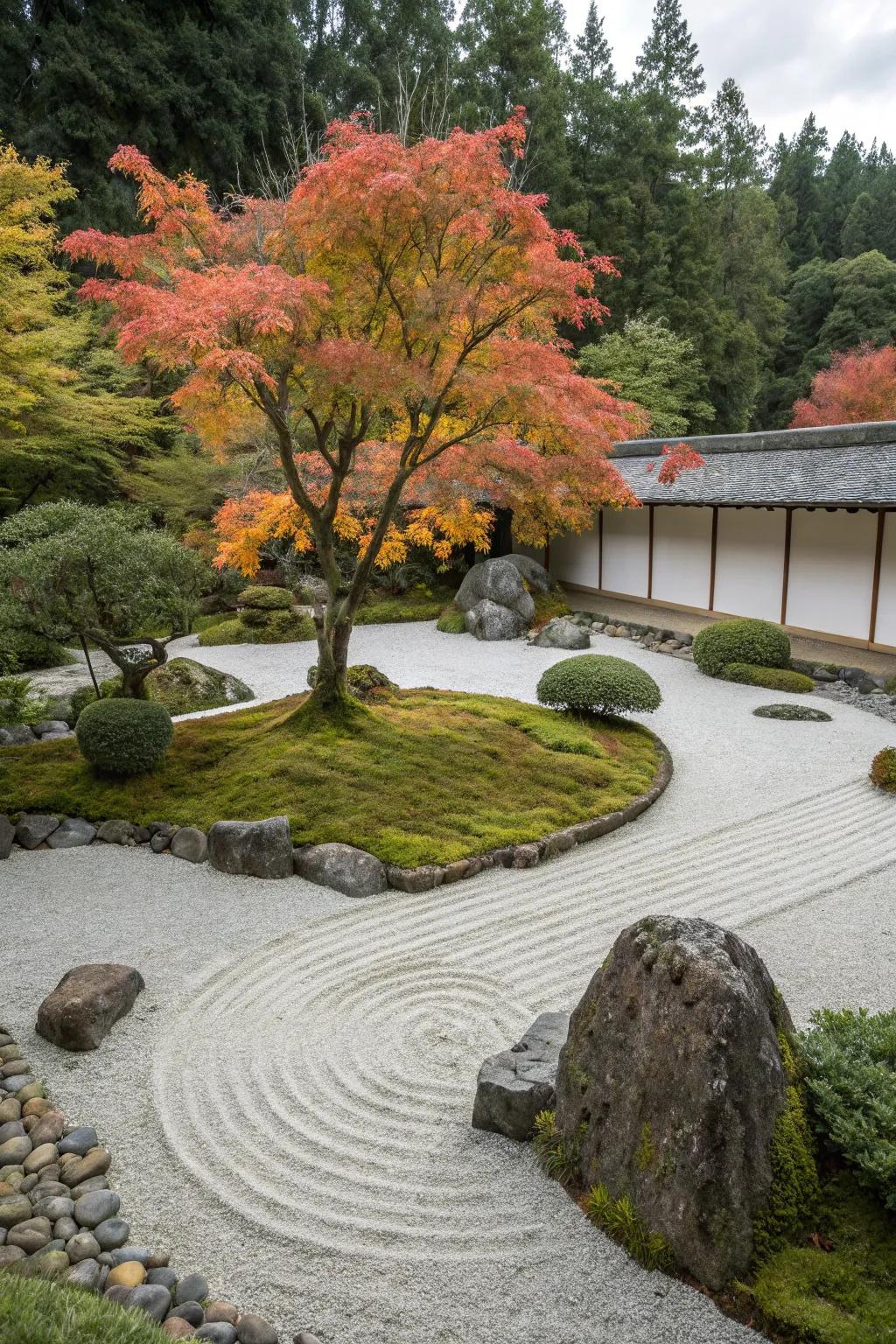 Seasonal color from Japanese maples adds vibrant contrast.