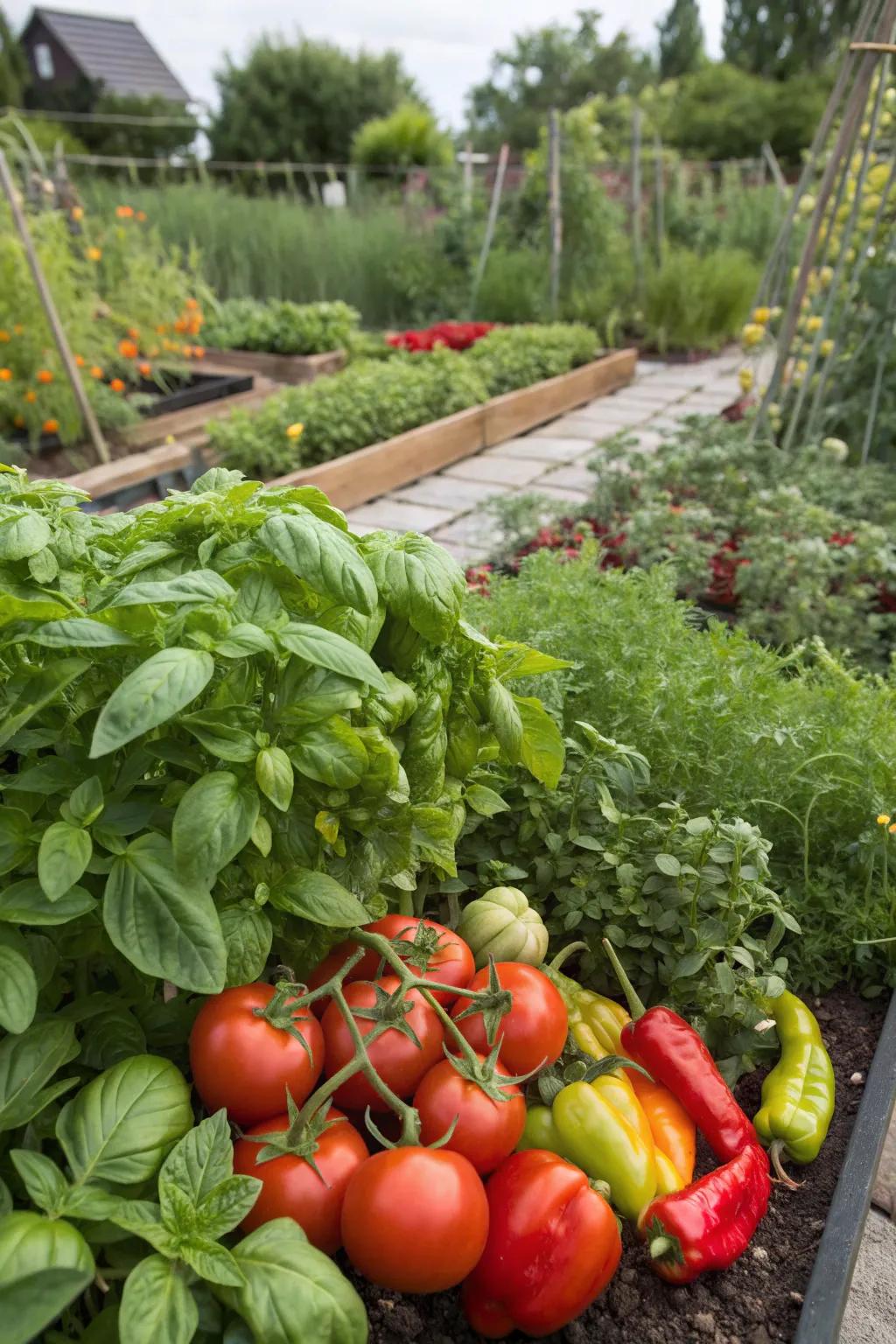 A productive herb and vegetable garden thriving in zone 8b.