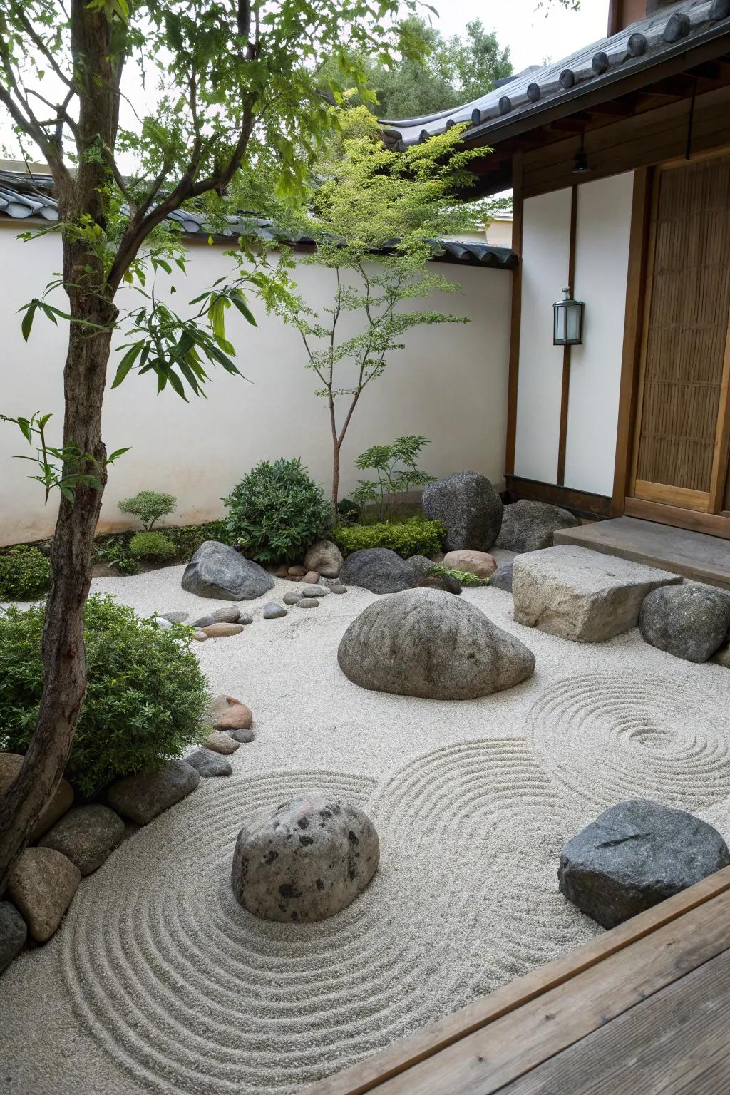 A Zen garden corner offers tranquility and a space for reflection.